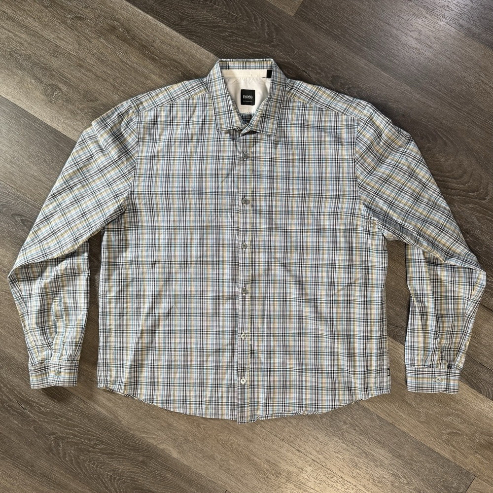 boss hugo boss dress Shirt Long Sleeve Teal Yellow Blue Plaid 2XL